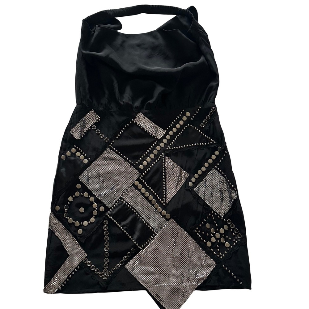 Sheri Bodell 100% Silk Embellished Mini Dress - Mixed Metal Studs & Chainmail XS